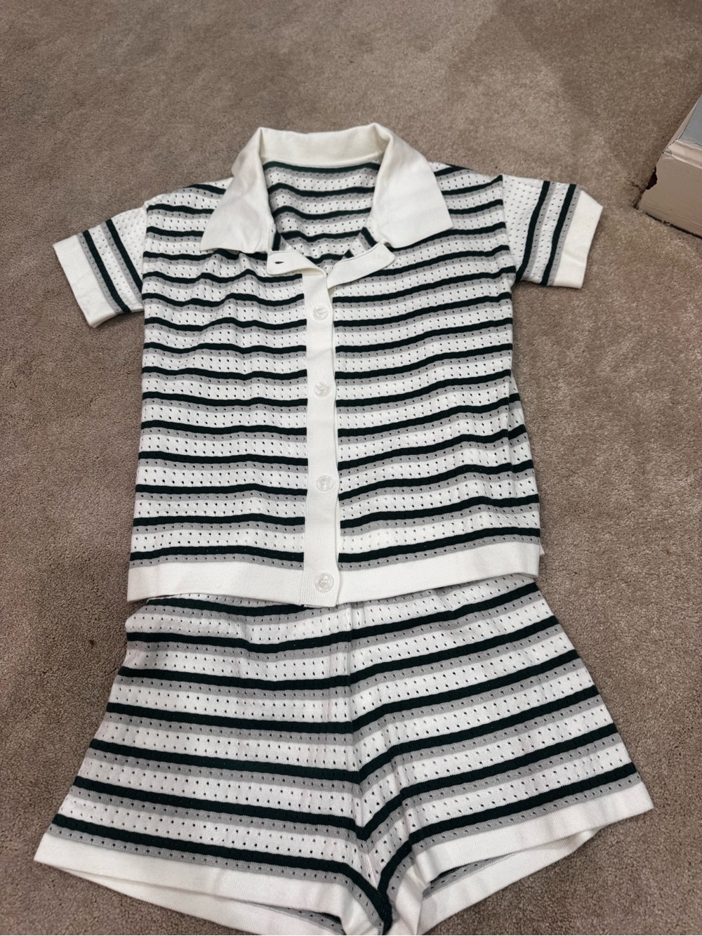 Womens Green & White Striped Set - Button Front Top & Shorts, size S